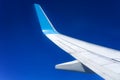 Airplane wing flying in the blue sky Royalty Free Stock Photo