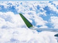 Airplane wing over white clouds in blue sky Royalty Free Stock Photo