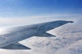 Airplane Wing Out of Window with Clouds and Sky Royalty Free Stock Photo