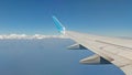 Airplane wing view out of the window on the cloudy sky background. Holiday vacation background. Wing of airplane flying above the Royalty Free Stock Photo