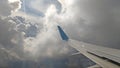 Airplane wing view out of the window on the cloudy sky background. Holiday vacation background. Wing of airplane flying above the Royalty Free Stock Photo