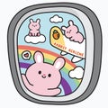 Airplane wing from window.Sky rainbow view on seat side windows plane.Rabbit