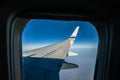 Airplane wing and winglet at cruising altitude, view from window