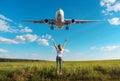 Airplane and woman on the field at sunset in summer Royalty Free Stock Photo