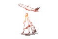 Airplane, woman, tourist, suitcase, flight concept. Hand drawn isolated vector.