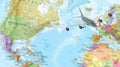 Airplane on world map  background. concept  travel. Empty space for text - booking a flight ticket Royalty Free Stock Photo