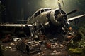 Airplane wreck in the forest. Photo in old color image style, The plane crashed to the ground, AI Generated