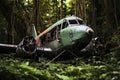 Wracked old rusty Airplane overgrown with foliage in jungle forest.
