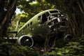 Airplane wreck in the jungle. Crash site. Wracked old rusty Airplane overgrown with foliage in jungle forest.