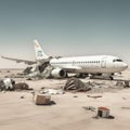 Airplane wreck in the middle of the desert with trash and garbage