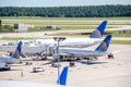 Airplanes on the active ramp at IAH airport Royalty Free Stock Photo