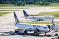 Airplanes on the active ramp at IAH airport Royalty Free Stock Photo