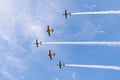Airplanes on airshow. Aerobatic team performs flight at air show in Krakow, Poland.