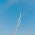 Airplanes on airshow. Aerobatic team performs flight