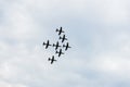 Airplanes on airshow, jets flying. Aircrafts in flying. Exciting performance. Air performance, aircrafts, flying display Royalty Free Stock Photo