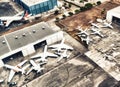 Airplanes docked at the airport, aerial view Royalty Free Stock Photo