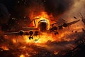 Airplanes in the fire. 3D illustration. Elements of this image furnished by NASA, The plane crashed to the ground, AI Generated