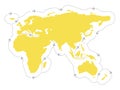 Airplanes fly over the map of Eurasia Africa Australia in grey and yellow. Planes routes shape the world air global logistics con