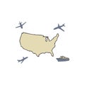 Airplanes fly to the United States of America. Hand drawn vector illustration on white background