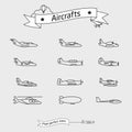 Airplanes, helicopter, glider plane, balloon and other aircrafts outline icons set. Thin line vector illustration