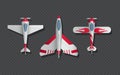 Airplanes and military aircraft top view. 3d airliner and fighter vector icons. Airplane top view, air transport model Royalty Free Stock Photo