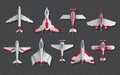 Airplanes and military aircraft top view set. 3d airliner and fighter vector icons. Airplane top view, air transport Royalty Free Stock Photo