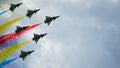 Airplanes with powder at Chinese Zhuhai International Aviation Expo and public Defense Exhibition