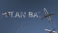 Flying airplanes reveal Ulan Bator caption. Traveling to Mongolia conceptual intro animation