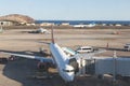 Airplanes on the runway, preparing to take off and fly. Airports and travel by plane concept