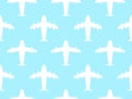 Airplanes seamless pattern. White contours of airplanes with turbines and propellers on a blue background. Aircraft