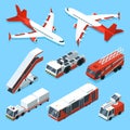 Airplanes set and other support machines in airport. Vector isometric illustrations of transport