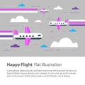 Airplanes in the sky, happy flight, flat illustration, flying aircraft with rainbow