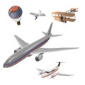 Airplanes vector image design set. Balloon, hang glider, old airplane model, private jet, passenger airplane Royalty Free Stock Photo