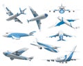 Airplanes on white background. Airliner in top, side, front view and isometric. Vector realistic aircraft. Passenger