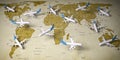 Airplanes on world map. Airline flight routes and airport travel and tourism background