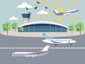 Airport, air transport. Building and airplanes. In minimalist style. Cartoon flat raster