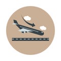 Airport aircraft landing on runway travel transport terminal tourism or business block and flat style icon