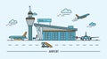 Airport, aircraft. Lineart colorful vector illustration with air terminal and airplanes.