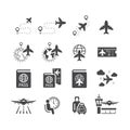 Airport, airline and airplane black vector icon set