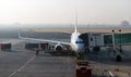 Airport. Airport workers prepare plane for flight. Erevan airport.