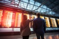 Airport anticipation Young man and woman check flight information board