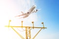Airport approach landing lights. Airplane on the glide slope. Take off at the airport Royalty Free Stock Photo