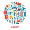 Airport banner with air travel icons set in circle Royalty Free Stock Photo