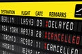 Airport billboard panel with cancelled and delayed flights Royalty Free Stock Photo