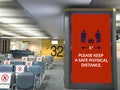 Airport board with sign for social distancing around departure gate at airport terminal, sign for warning traveler during travel