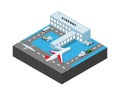 Airport building with airplans, bus, cargo cars loader, stairs. Vector isometric illustration