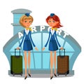 Airport building and flight attendant girls in uniform with suitcases in hands, air traffic personnel, airline