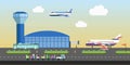 Airport building and plane runway area vector flat design Royalty Free Stock Photo