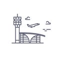 Airport building. Plane taking off. Vector line icon. Royalty Free Stock Photo