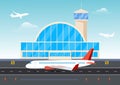 Airplane planning in airport building of airport runway skyline illustration